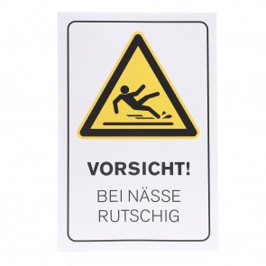Aufkleber «VORSICHT! BEI NÄSSE RUTSCHIG»